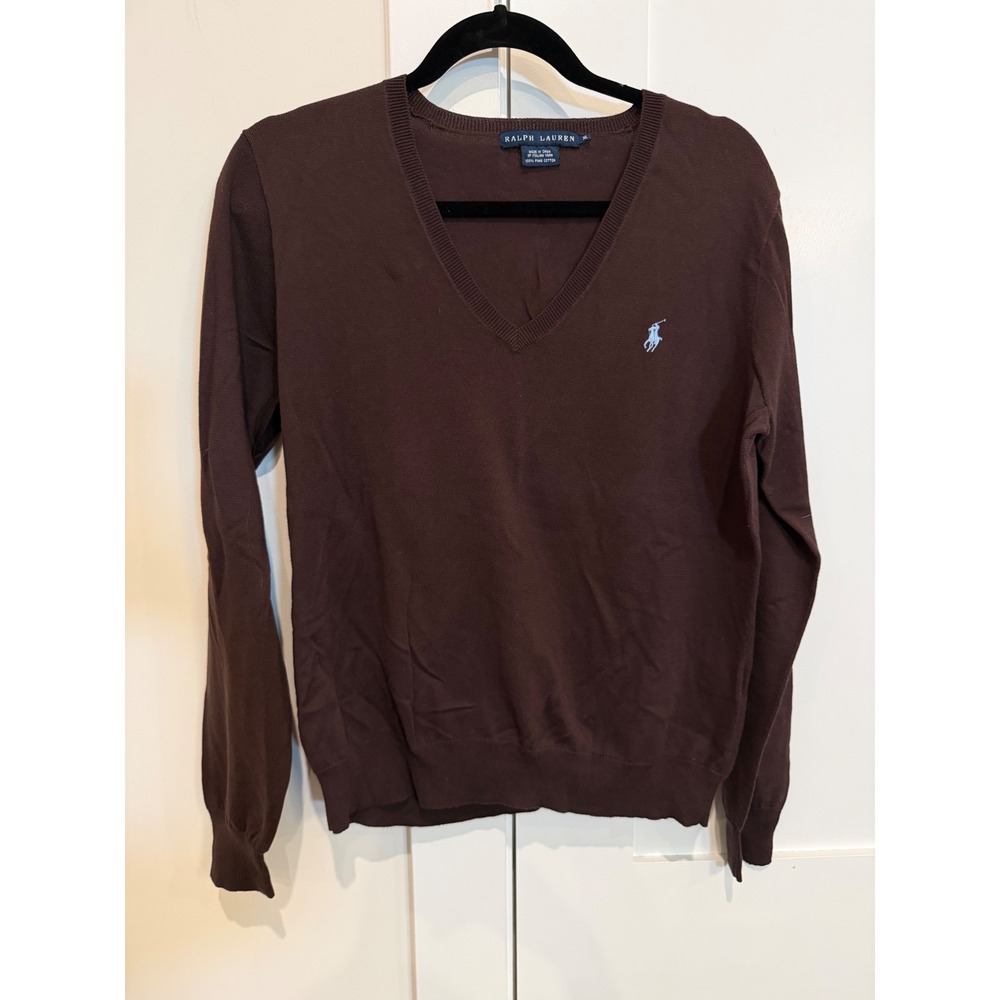 Ralph Lauren V-Neck Sweater Women XL Brown Excellent Pima Cotton Preppy Vintage - Picture 2 of 11